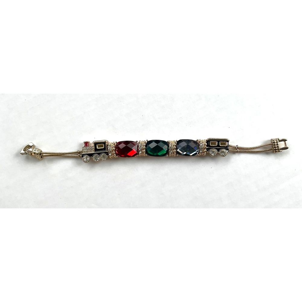 SIGNED NAPIER SLIDER BRACELET 7" CHRISTMAS COLOR STONES TRAIN CABOOSE GOLD TONE